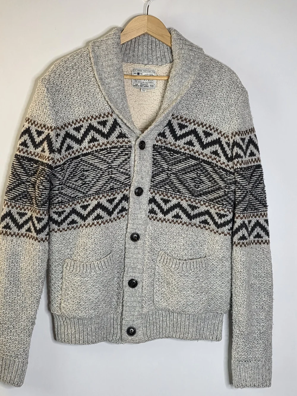 Lucky Brand Sherpa Lined Shawl Collar Fair Isle Knit Cardigan Sweater Medium